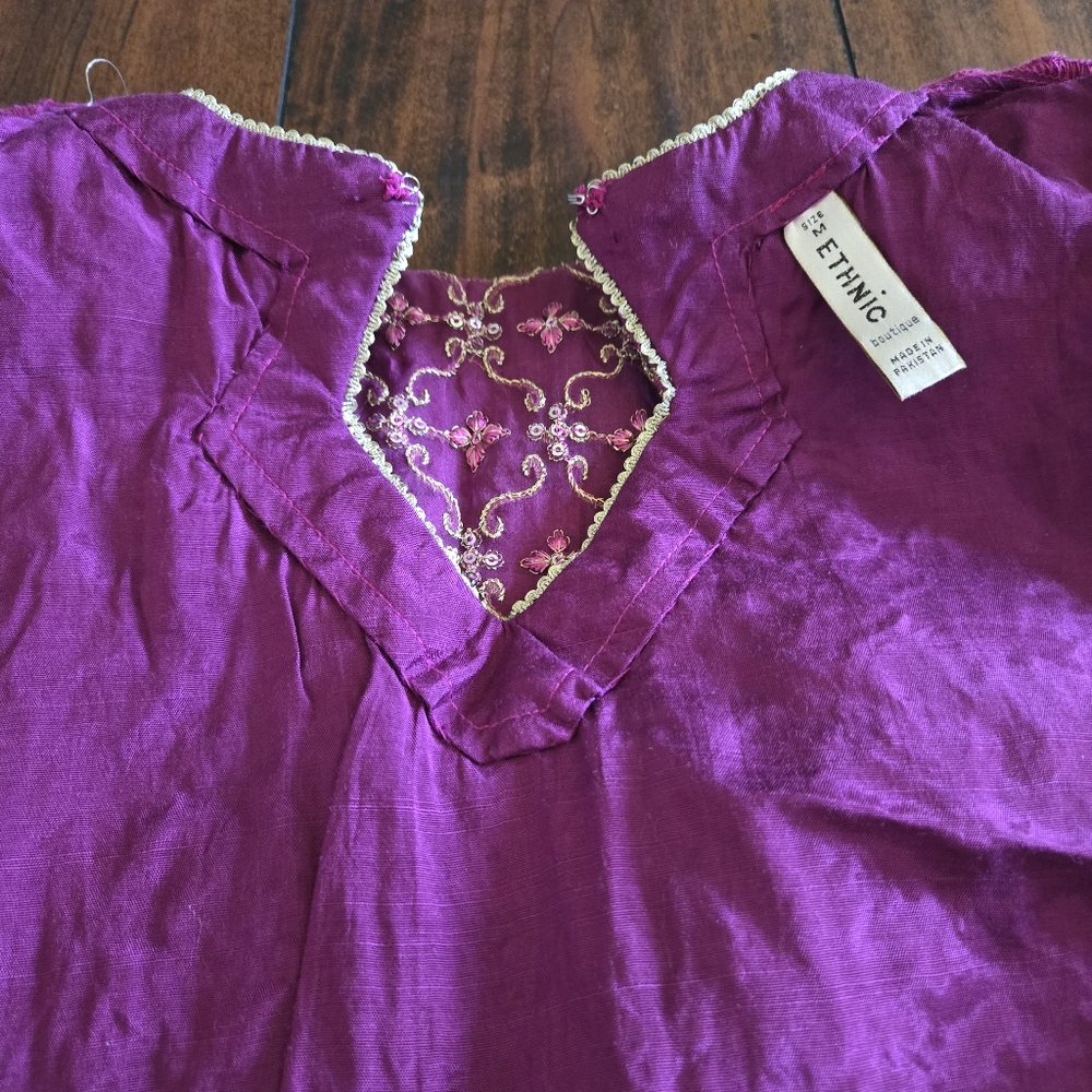 Embroidered 2 Piece Peplum Top n Palazzo Pant Gold Purple Party Wear Dress - Picture 6 of 14
